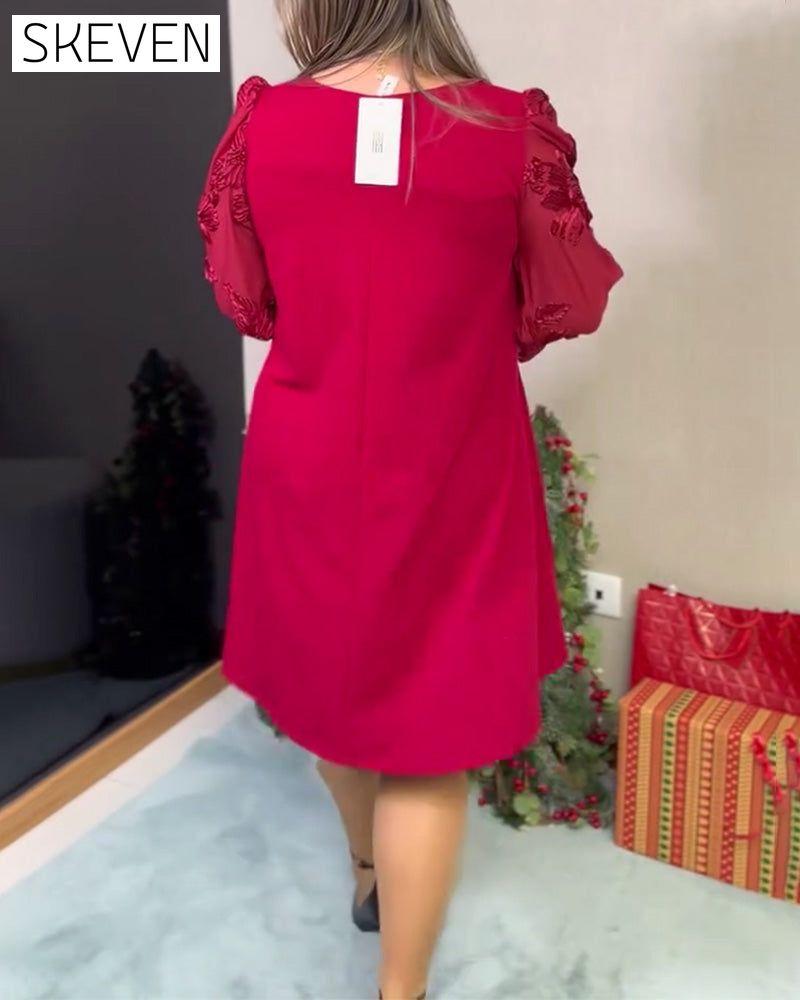 Puff Sleeve Tulle Panels V-Neck Loose Dress