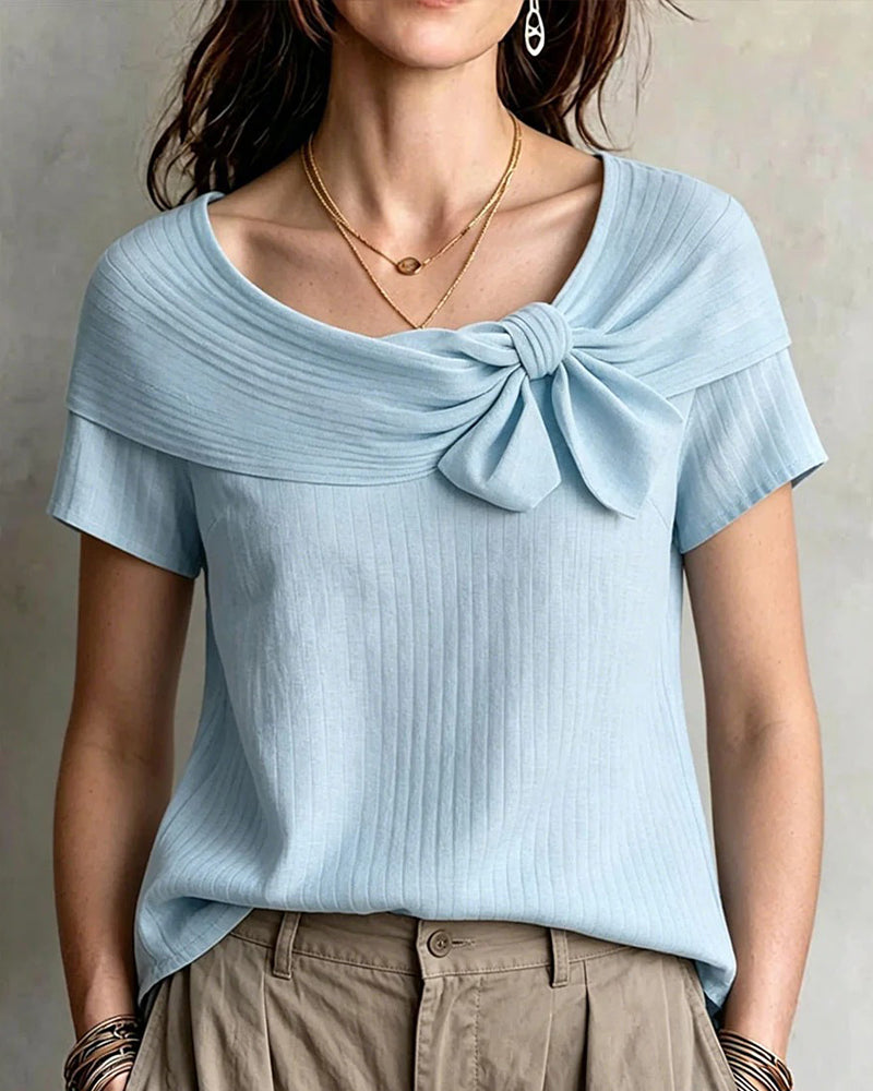 Lapel Bow Short-Sleeve Top