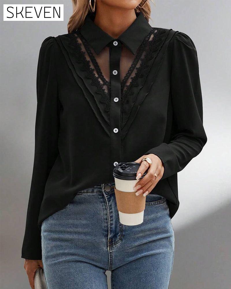 Puff Sleeve Lace Patchwork Blouse
