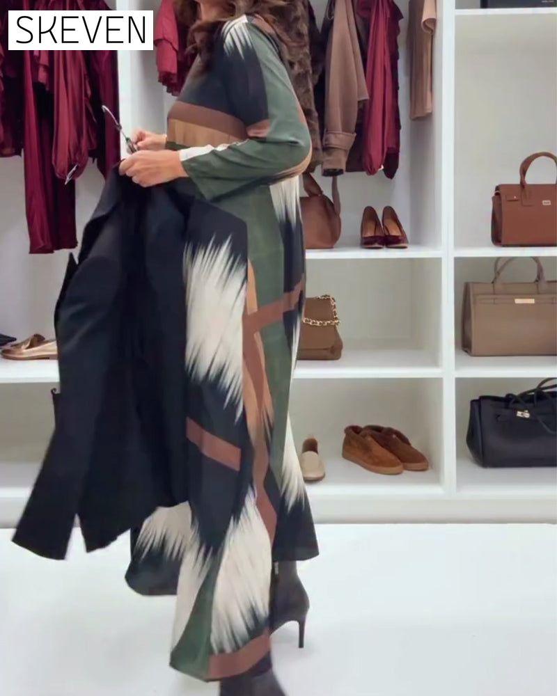 Modisches bedrucktes Kleid mit Rundhalsausschnitt und langen Ärmeln