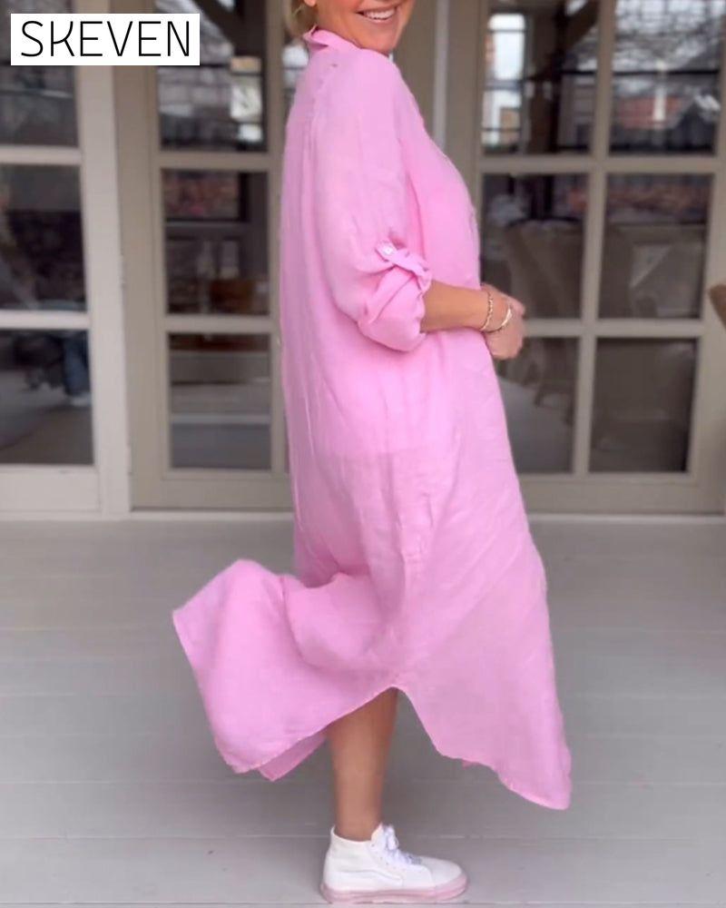 robe décontractée à revers boutonné couleur unie