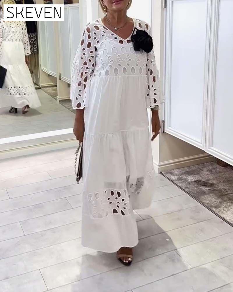 Elegant Solid Color Lace Hole Dress
