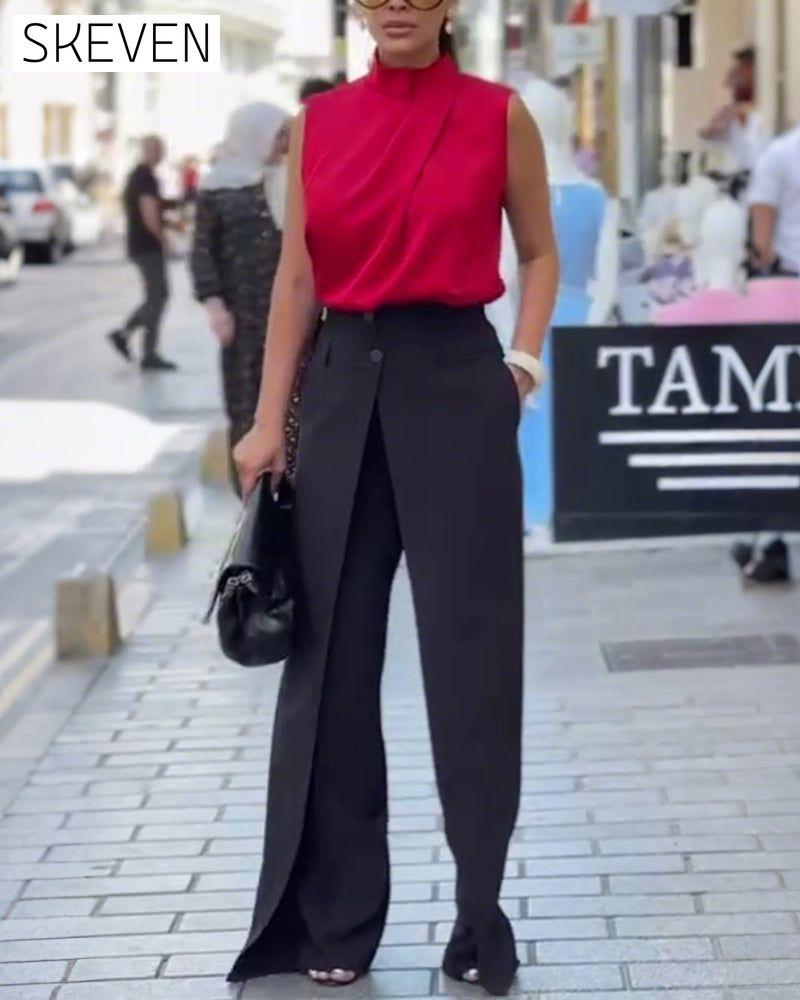 Pantalon asymétrique à jambes larges et superposées