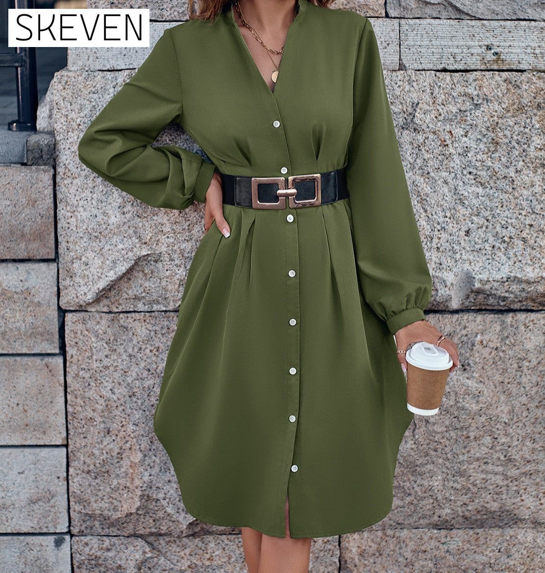 Notched Neck Long Sleeve Dress casual dresses clothes dress dresses long sleeve dress long sleeve dresses S.N Ship From Overseas short dresses trend