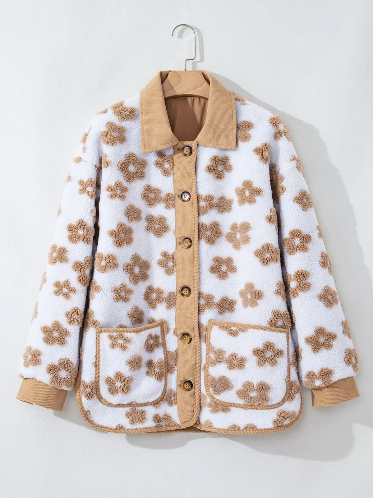 Flower Pattern Button Up Fleece Jacket