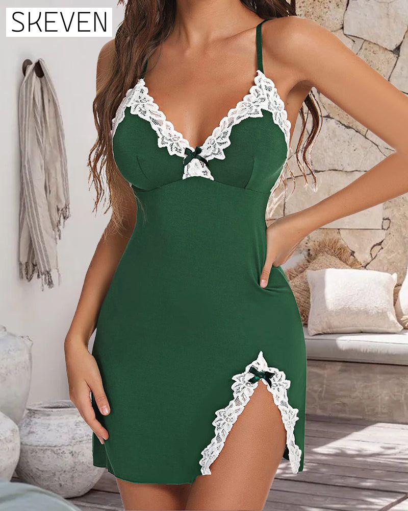 Nachthemd mit tiefem V-Ausschnitt, Schleife und Schlitz, Trägerkleid