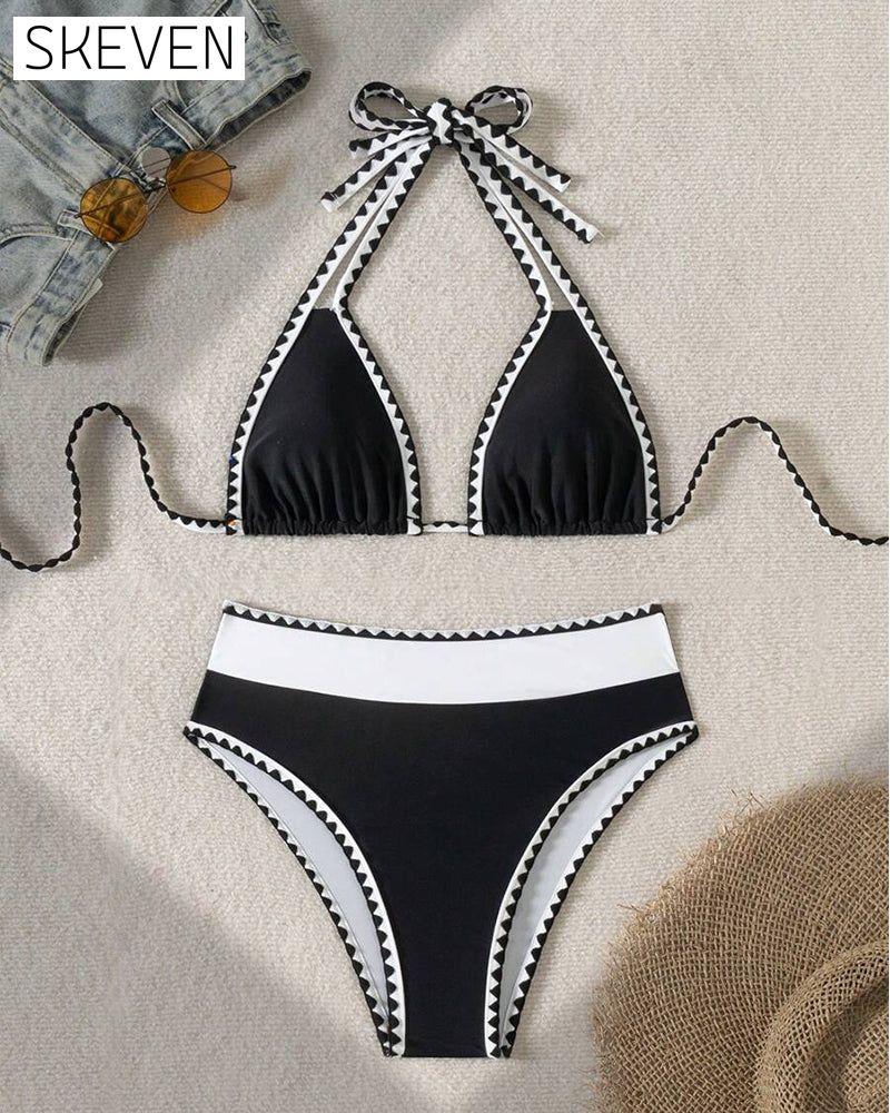 Sexy Contrast Color Split Triangle Bikini