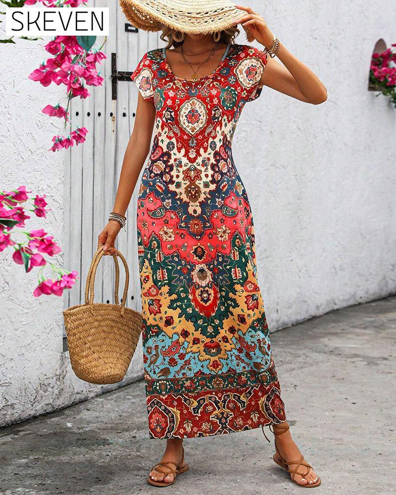 Robe décontractée imprimée colorée avec fentes