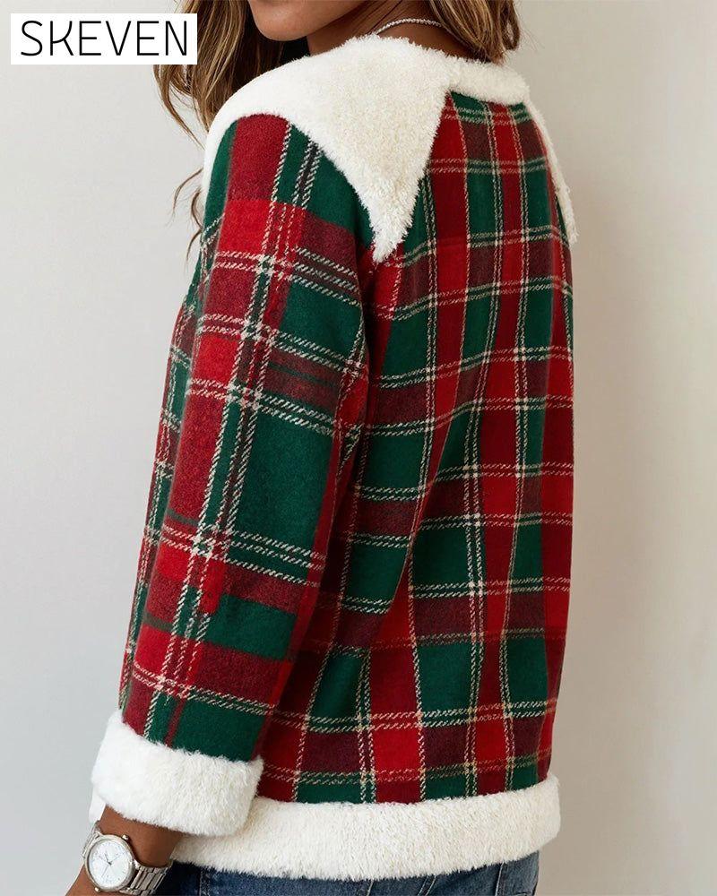 Plüschiges Patchwork-Sweatshirt mit Rundhalsausschnitt