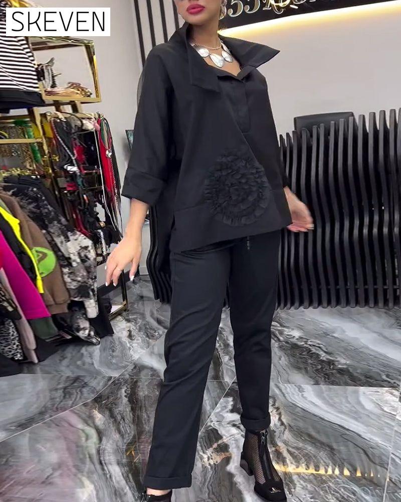 Lapel lace stitching flower blouse