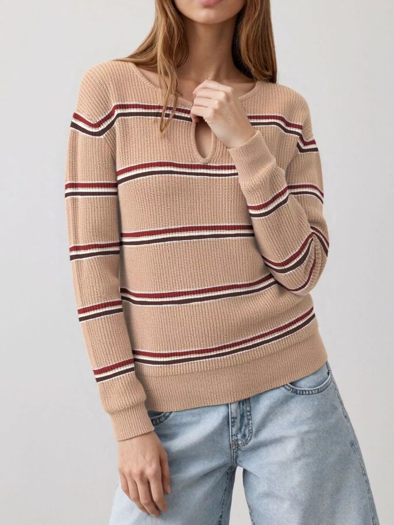 Striped Ribbed Knit Top with Keyhole Neckline