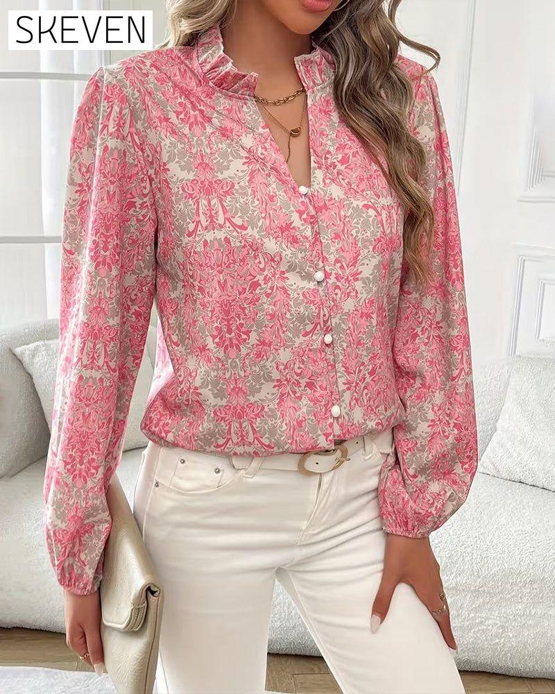 Printed Ruffled Collar Blouse
