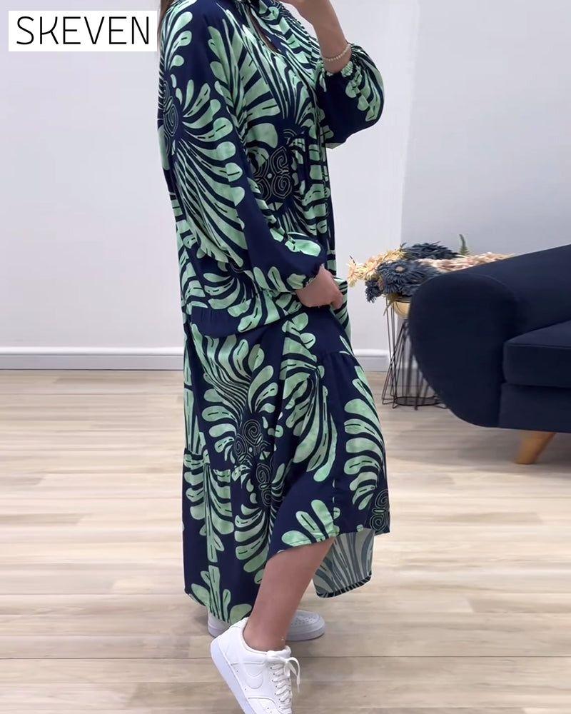 Stand collar long sleeve patchwork printed long dress