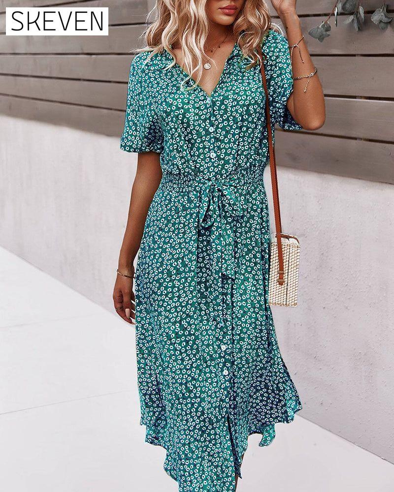 Short-sleeved waisted floral dress