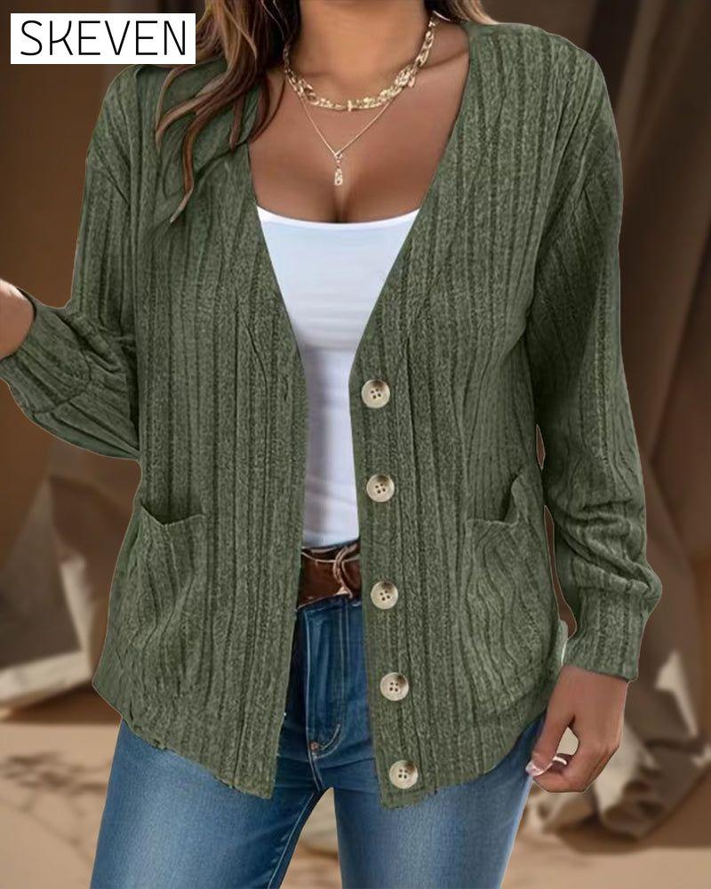 Solid color V-neck long-sleeved coat