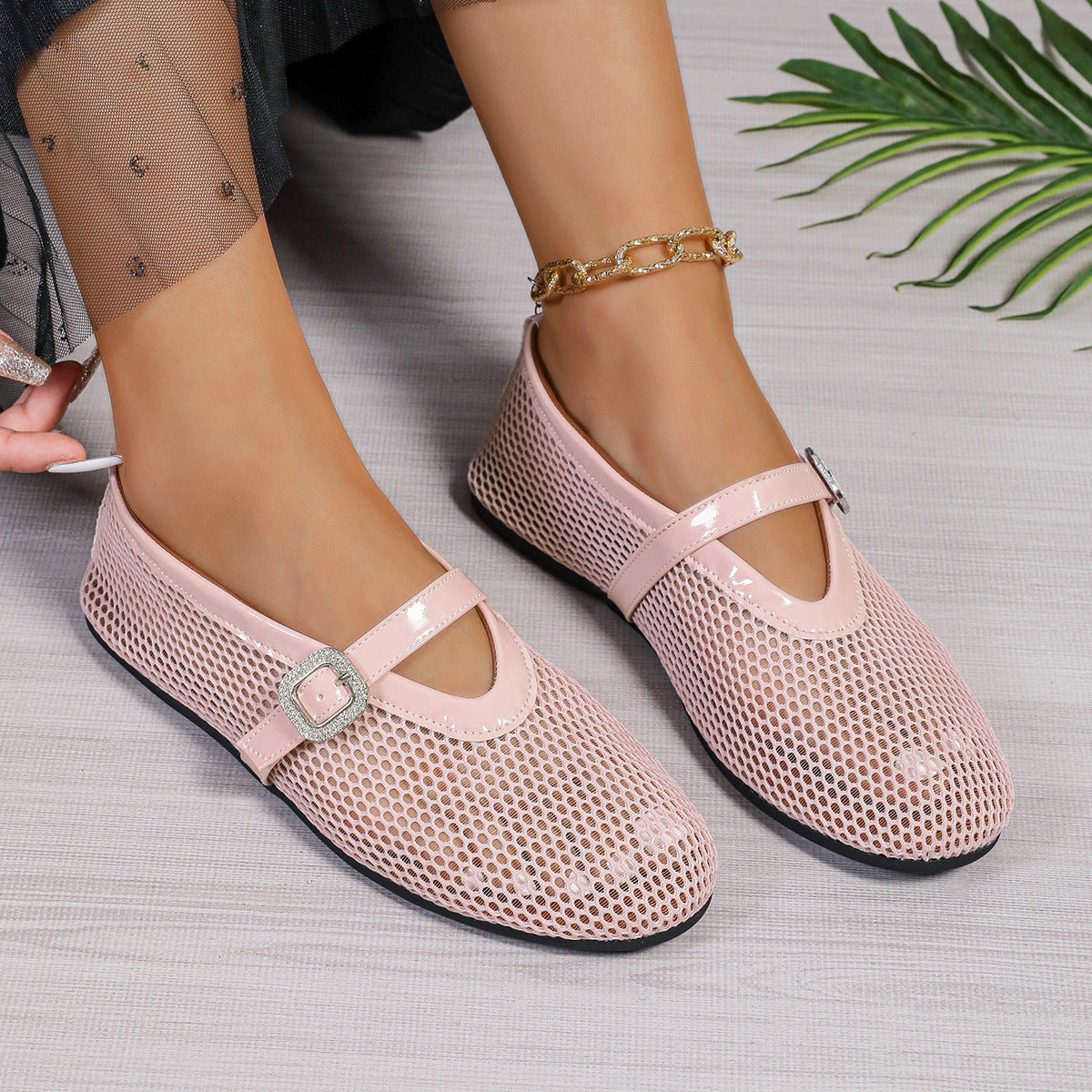 Round Head Rhinestone Buckle Mesh Hollow Out Mary Jane Women's Shoes