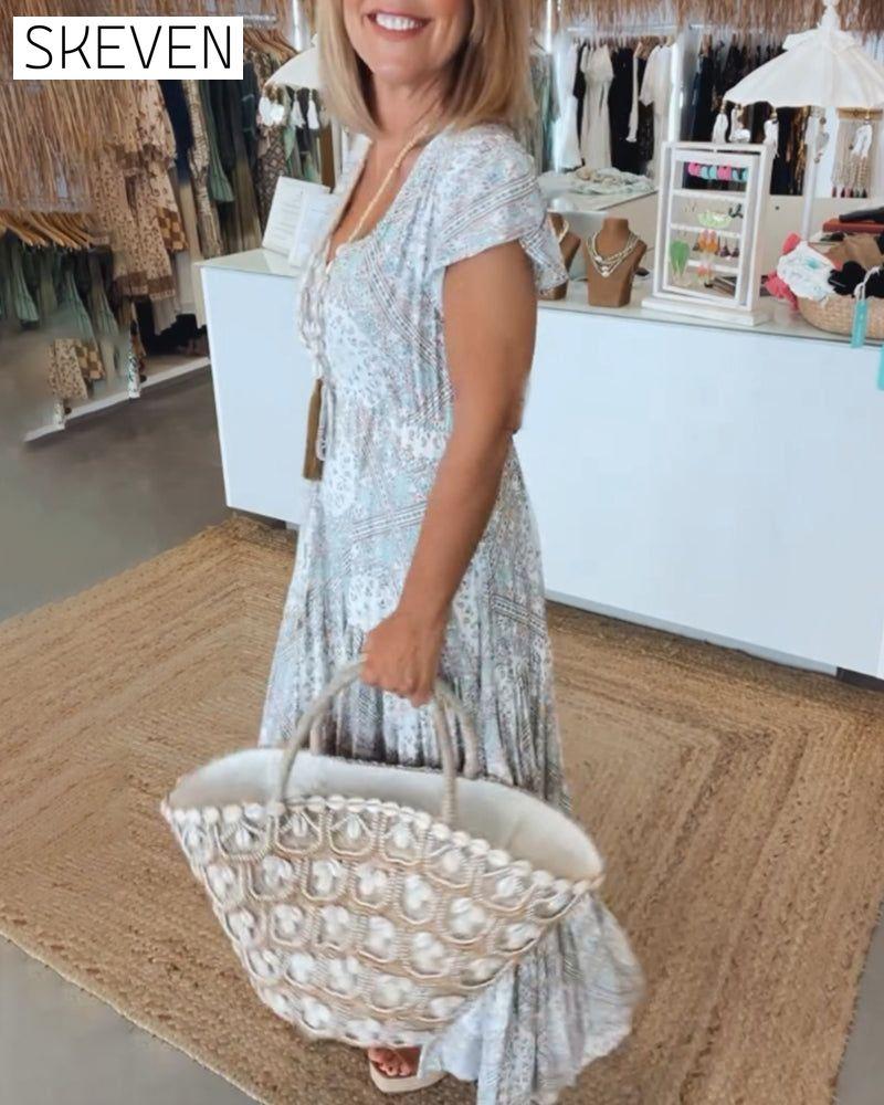 Vacation print V-neck split sleeve dress