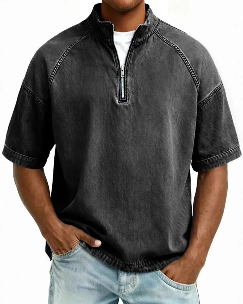 Washed Zip-Up Short Sleeve Shirt