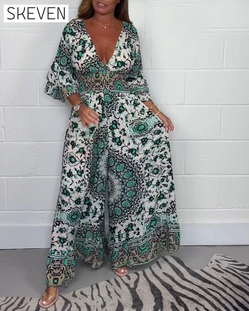 Printed deep V-neck jumpsuit jumpsuits spring summer