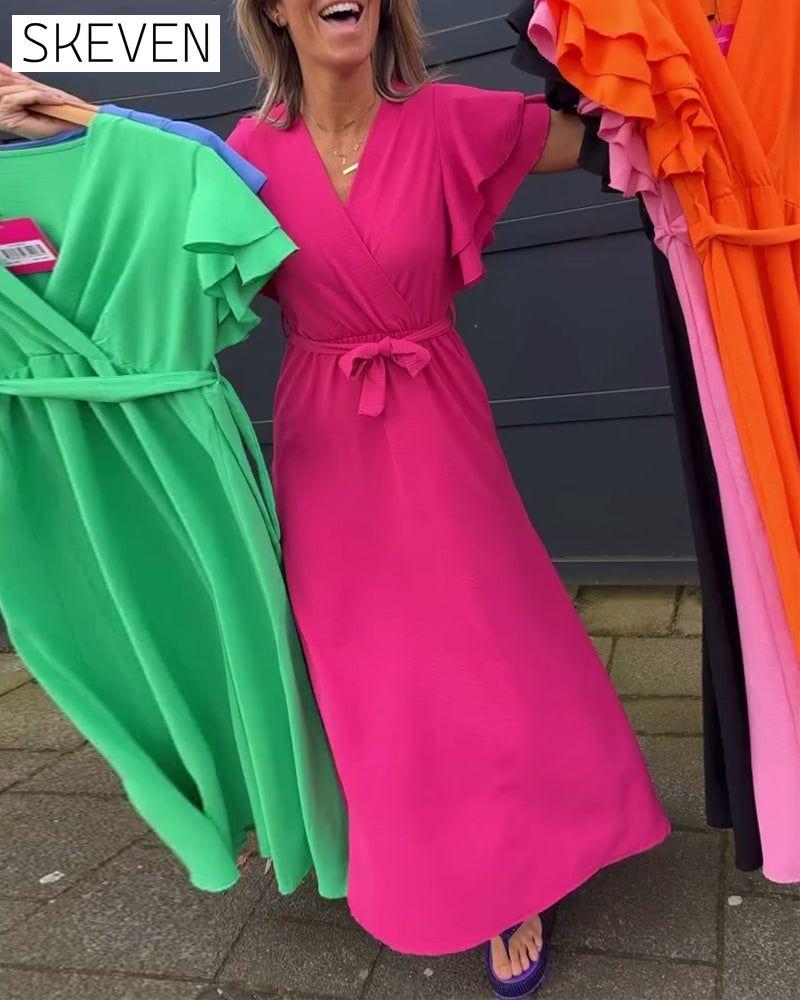 Solid Color Ruffle Sleeve Tie Long Dress