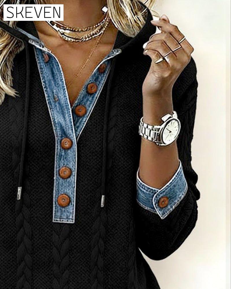 Color-Blocked Button Long-Sleeved Hooded