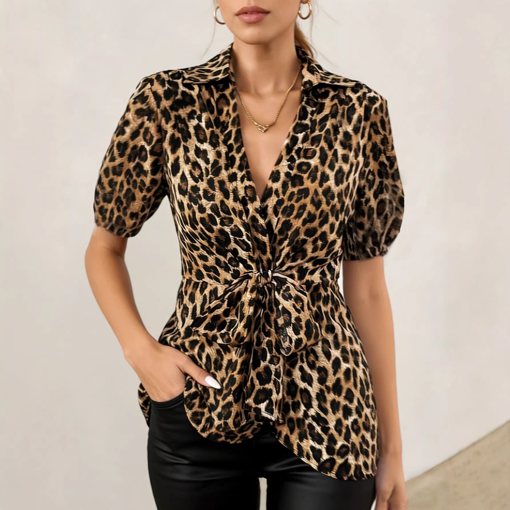 Womens Short-sleeved Lace-up Top Leopard-print Blouse