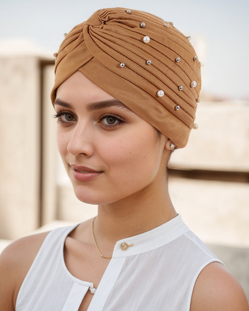 Pearl Pleated Pre-Tied Turban Hat