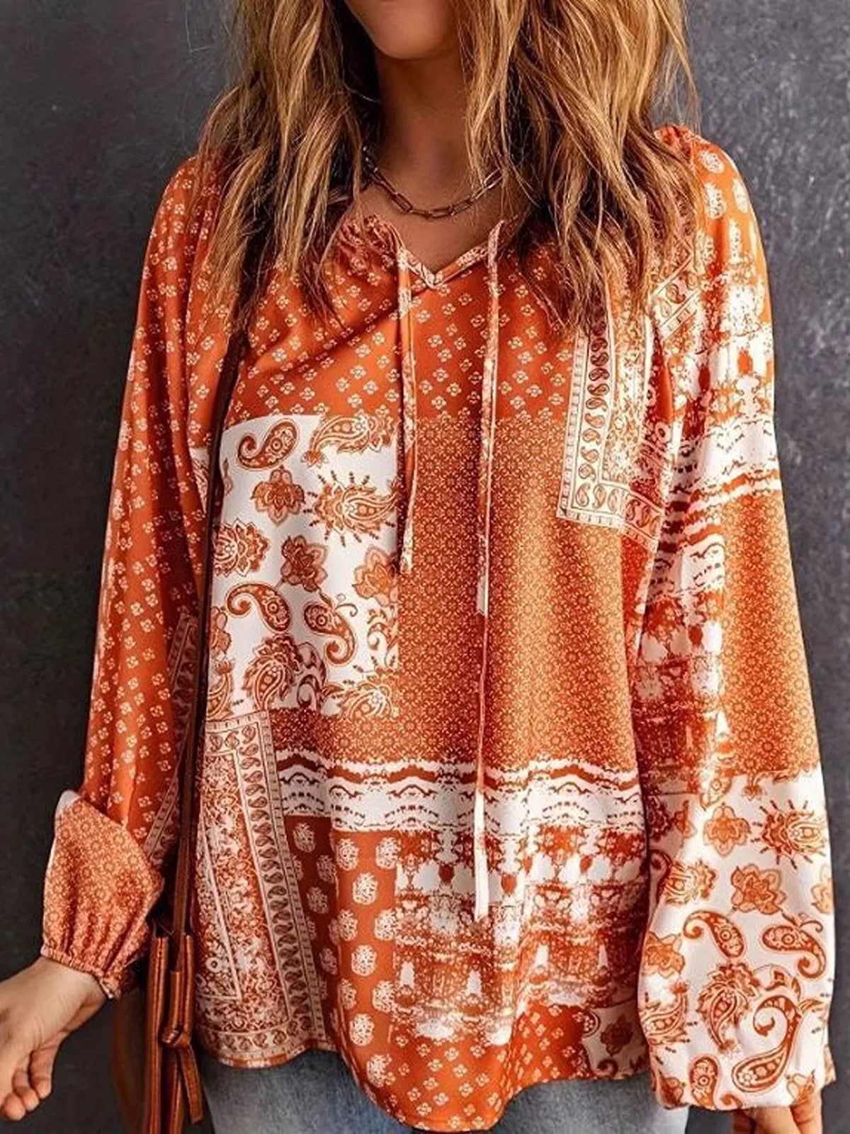 Full Size Paisley Print Tie-Neck Long Sleeve Blouse Plus Size
