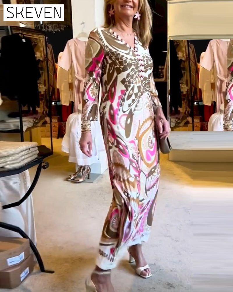 Lässiges langes Kleid mit V-Ausschnitt und Print
