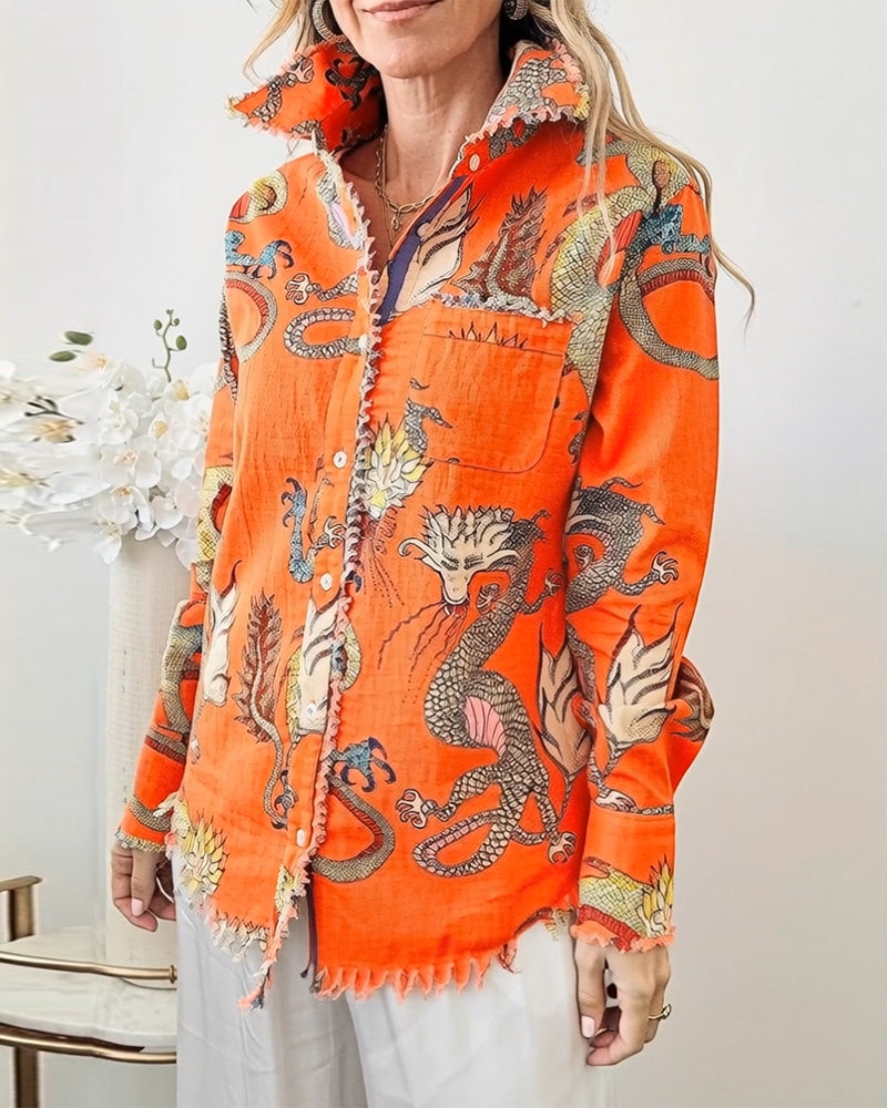 Long-Sleeved Frayed Animal Print Shirt
