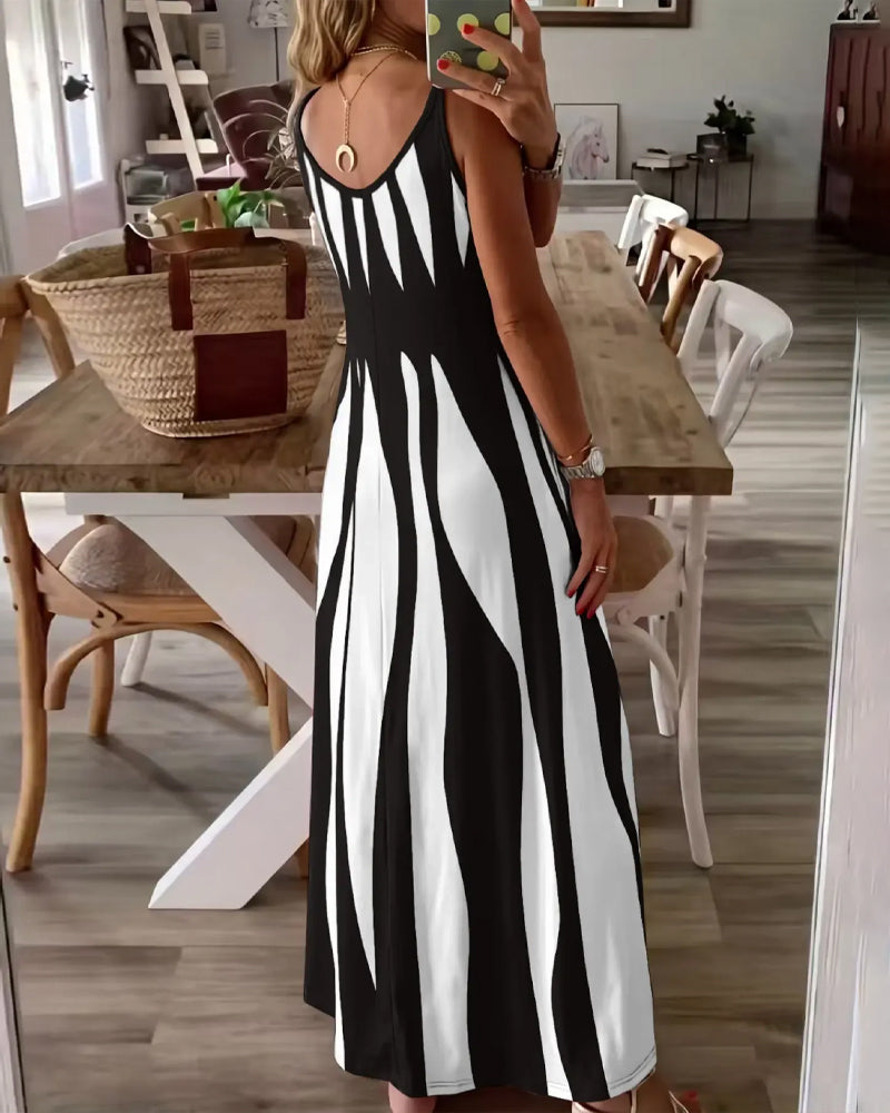 Striped Patchwork Suspender V-Neck Dress