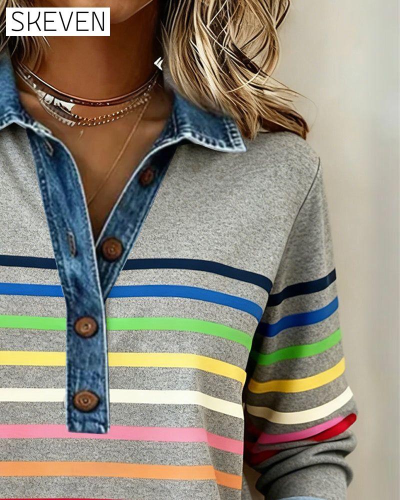Rainbow Striped Patchwork Denim Sweatshirt