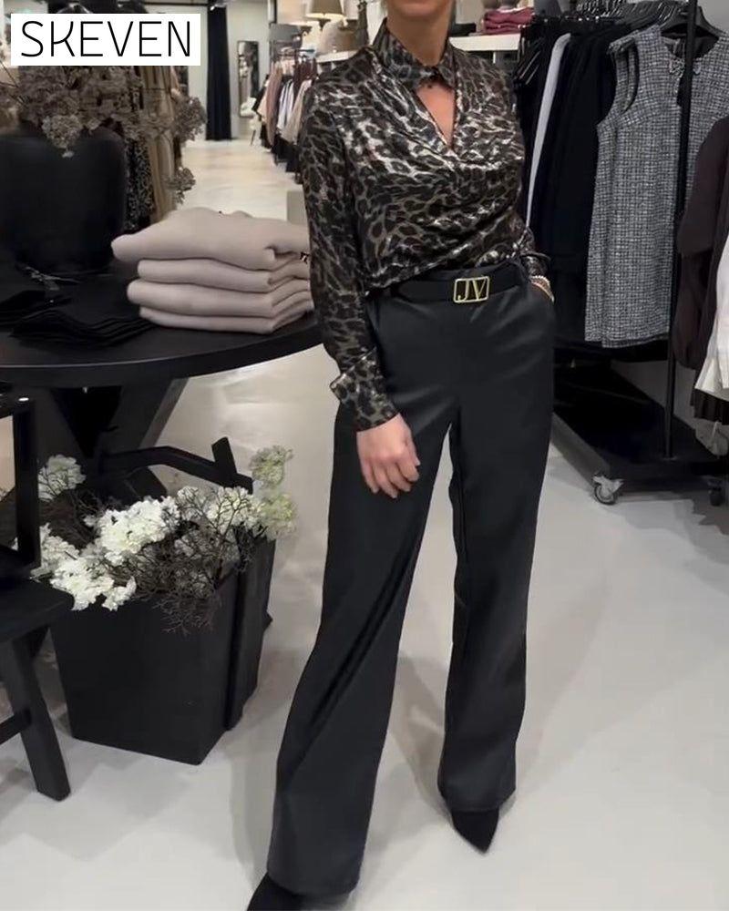 Stylish Leopard Print Shirt With Draped Collar