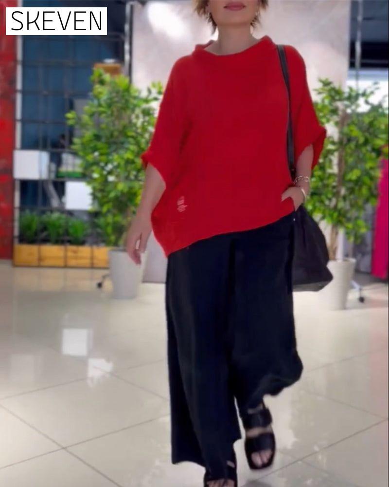 Solid Color Loose Roud Neck Top