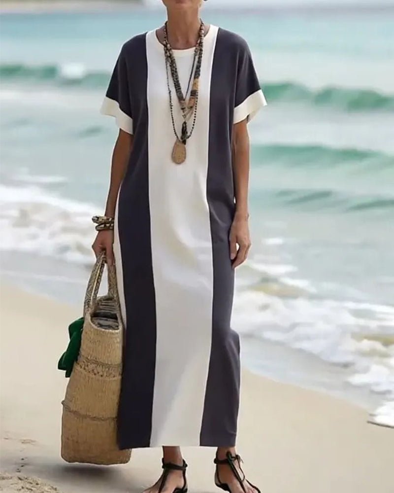 Contrast Color Short Sleeve Long Dress