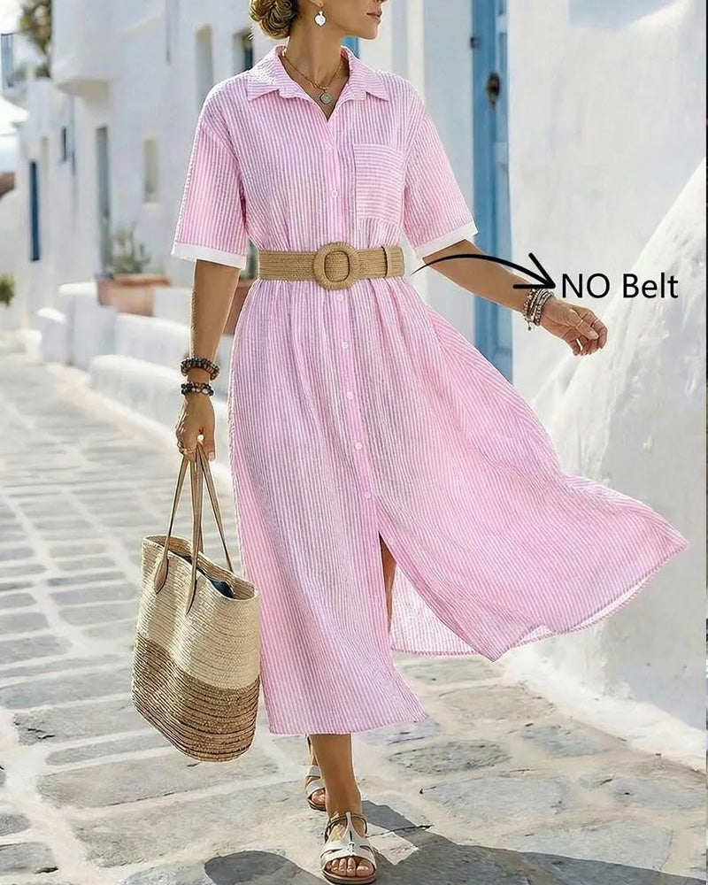 Striped Shirt Pocket Maxi Dress