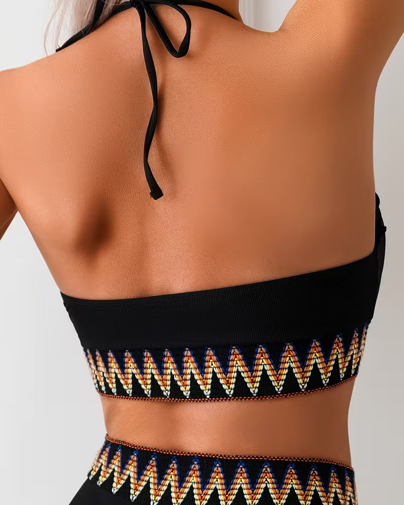 Simple Fashion Halter Neck Wave Print Bikini