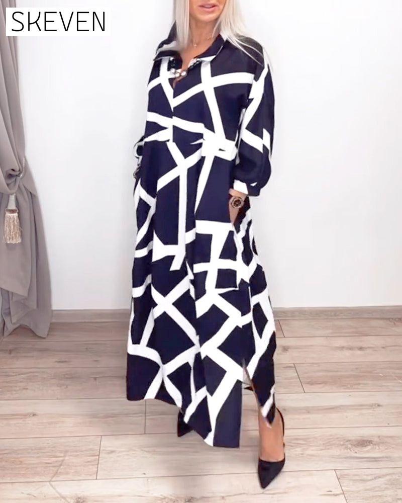 Lapel Loose Geometric Print Dress