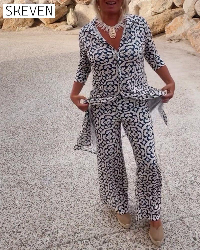Vintage printed lapel button set 202466 spring summer two-piece sets