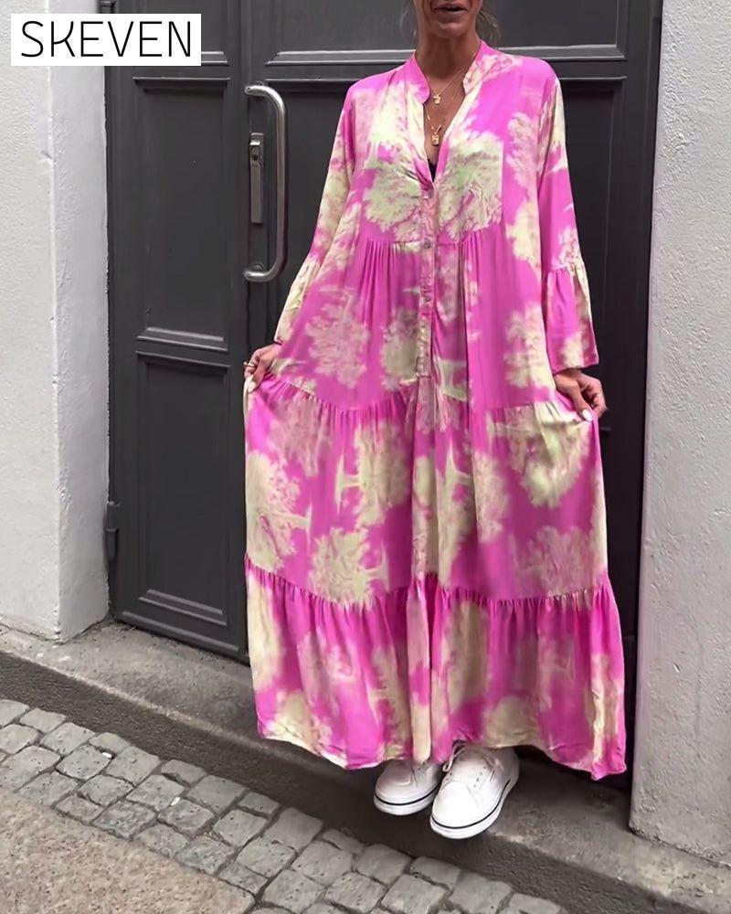 Loose printed V-neck bell sleeve patchwork dress