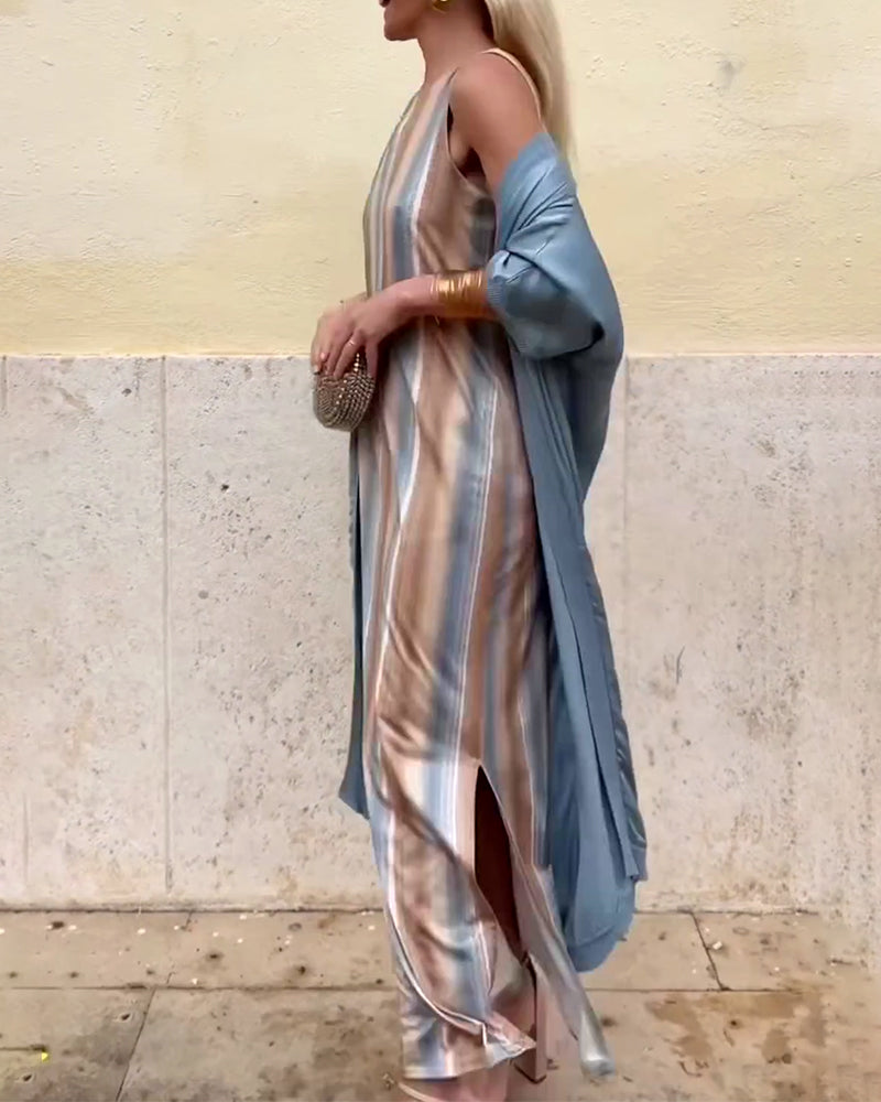 Striped Sleeveless Maxi Dress + Cardigan Set