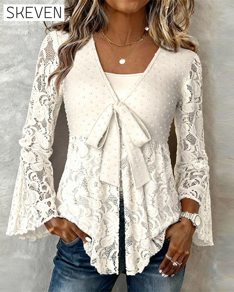 Solid Color Bell Sleeve V-Neck Blouse