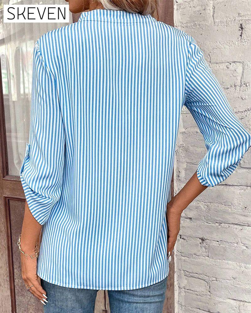 V-neck striped print casual blouse
