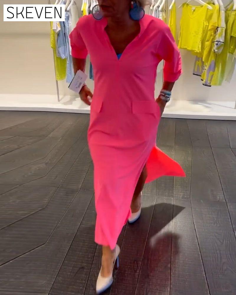 Slit V-neck solid color dress