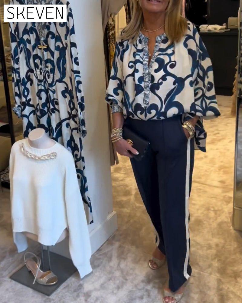 Bluse mit Retro-Muster und Laternenärmeln