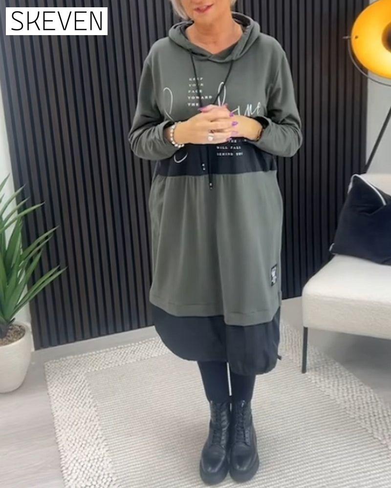 Casual color block letter print pocket hooded dress