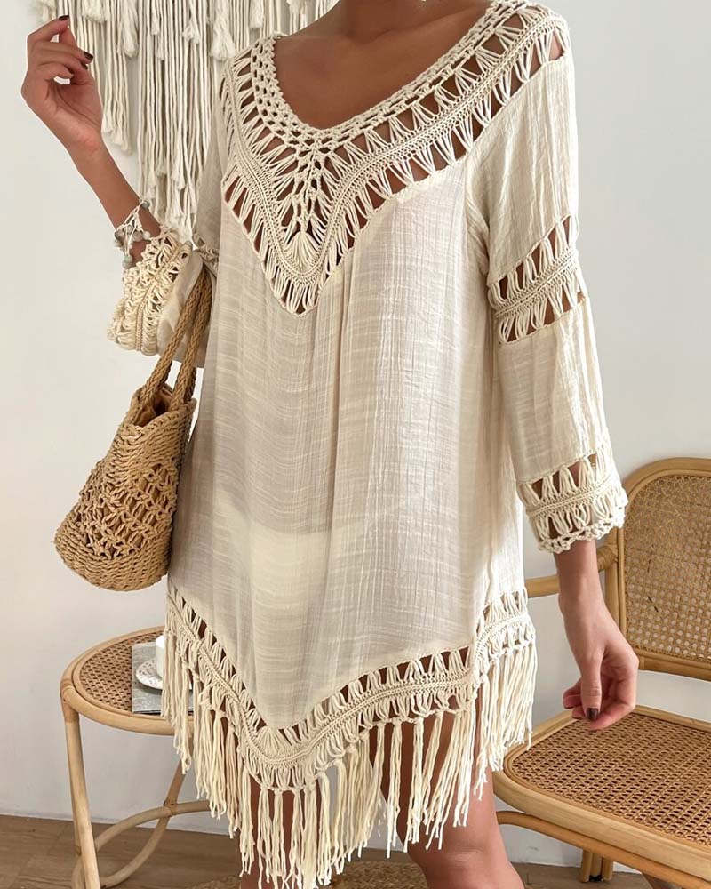 V-Neck Solid Color Hollow Cover Up