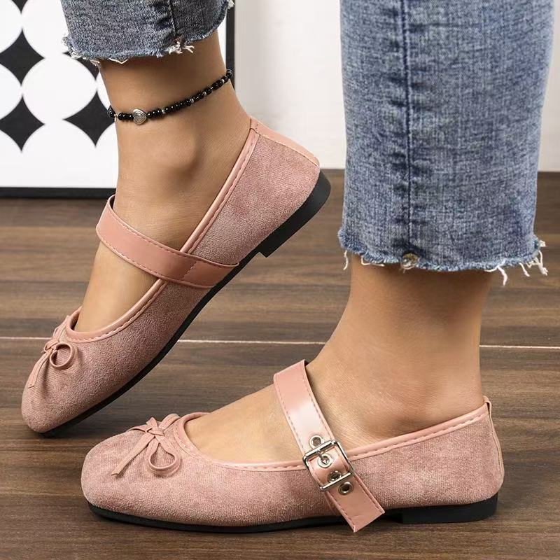 Mary Jane Women's French-style Large-size Square-toe Flat Shoes With A Bow Detail