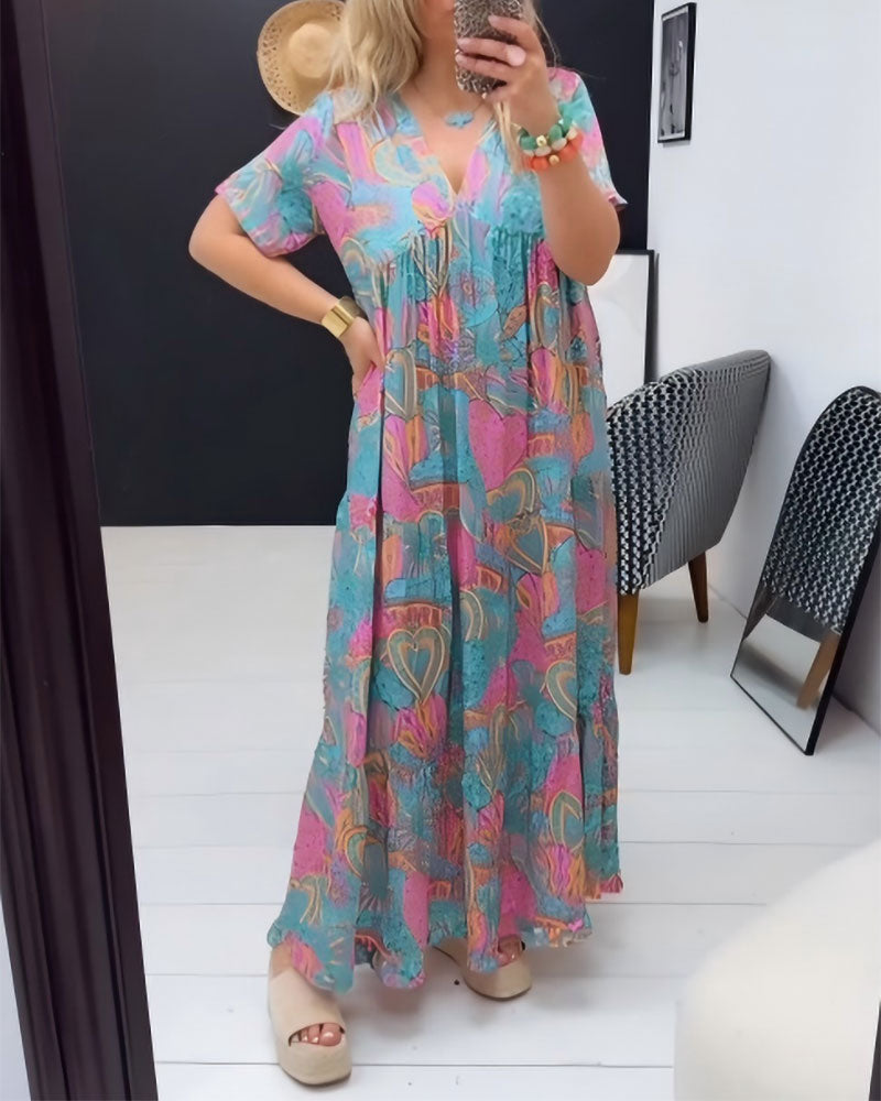 Heart Print V-Neck Maxi Dress