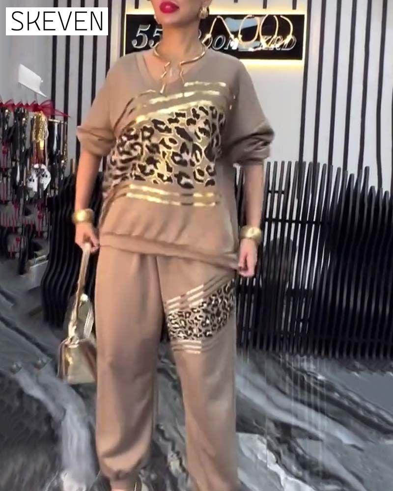 Leopard Print Casual Sweatshirt Set
